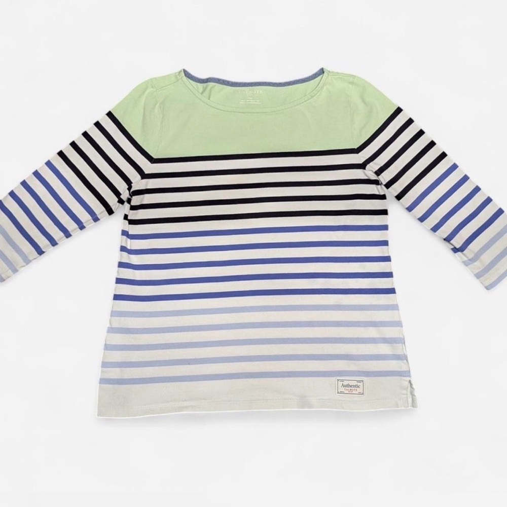 Talbots Petite MP Green Blue Striped Boatneck 3/4 Sleeve Top - Picture 6 of 8